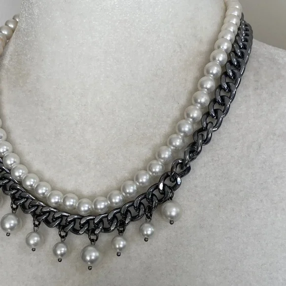 Edgy Pearl and Gunmetal Chain Fringe Sophisticated Bohemian Necklace